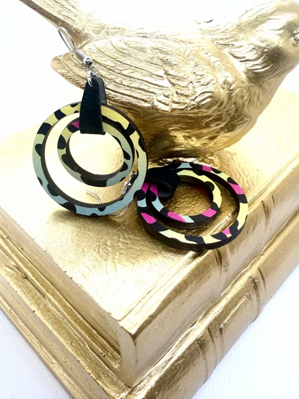 Handmade Lasercut Bright Leopard Print Hoop Earrings - Picture 3 of 5